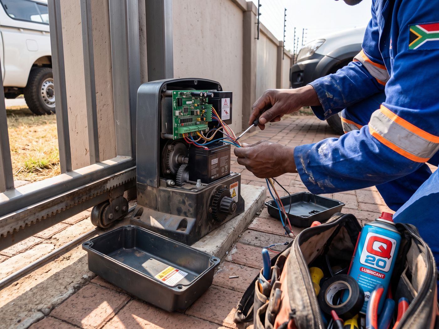 Gate & Fence Pro technician repairing a sliding gate motor control board at a home in Boksburg