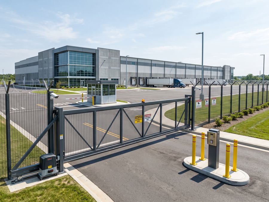 Automated industrial sliding gate and boom barriers at a commercial premises on the East Rand
