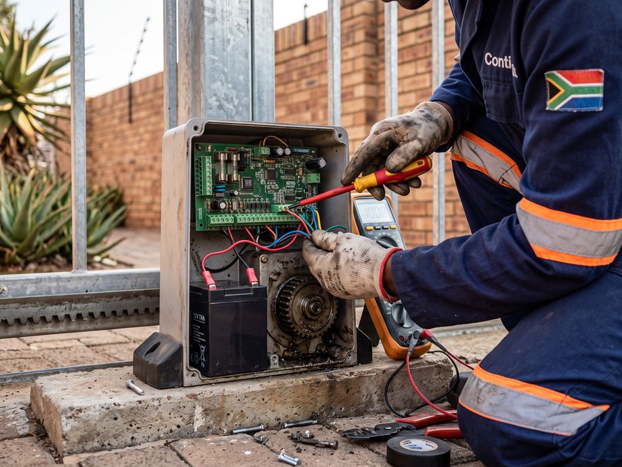 Close-up of a technician fault-finding a gate motor control board and backup battery