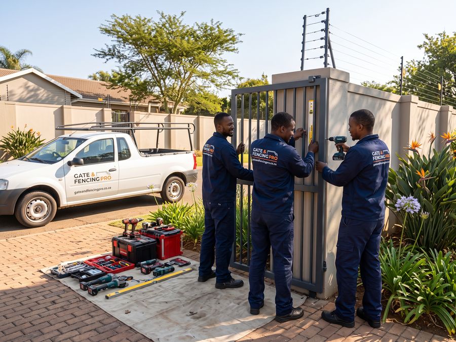 Two Gate & Fence Pro technicians installing a custom steel security gate at a home