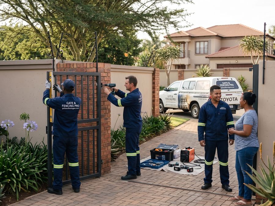 Gate & Fence Pro technicians assessing a gate installation with a homeowner in Boksburg